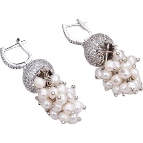 GG Jewelry Natural White Round Pearl Earrings CZ Fitting Cubic Zirconia Paved Dangle For Women Earrings