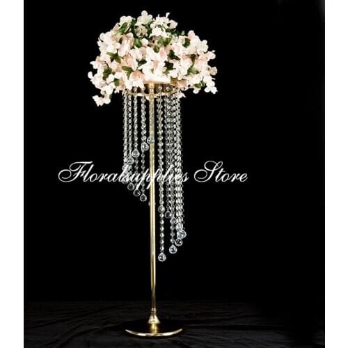 Crystal Flower Stand Wedding Road Lead Tall Flower Holders Centerpiece Crystal Flower Chandelier Metal Flower Vase for Reception