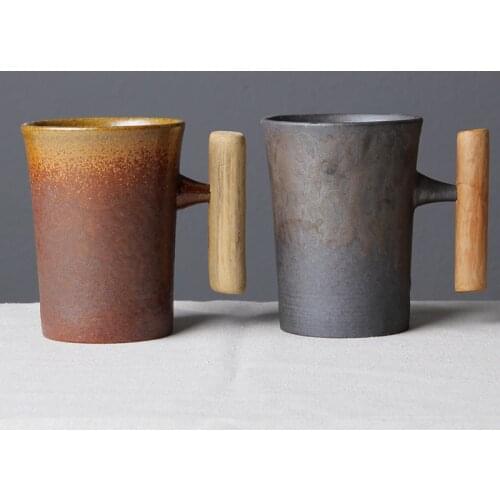 Retro ceramic coffee cup milk cup mouth cup personalized wooden handle ceramic cup creative Japanese style gift cup