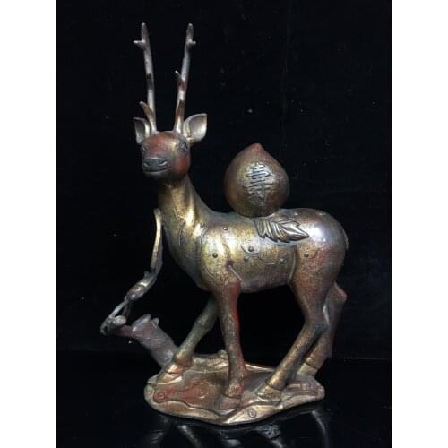 11"Chinese temple collection Old Bronze Lacquer Cinnabar Sika deer statue Musk bat Implication Fushou Shuangquan Town House