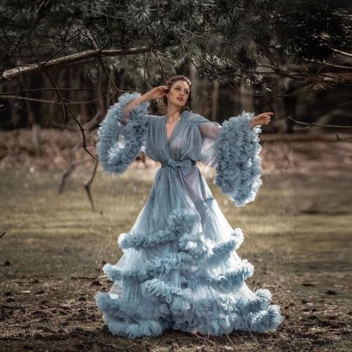 Fashion Sky Blue Exquisite Classic Women Dress Tulle Layered Ruffles Evening Dresses Bows Floor Length Custom Made