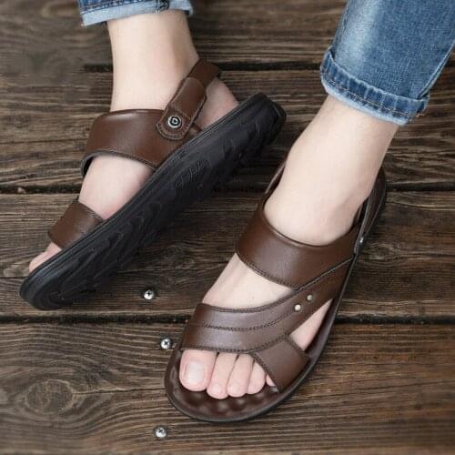Mens Leather Sandals Summer 2021 New Casual Non-Slip Soft Bottom Breathable Dual-Use Beach Shoes Trend Sandals and Slippers Men