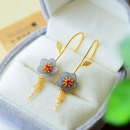 Natural Hetian ash jade small flower earrings Chinese style retro delicate tassel Daimeng fairy brand silver jewelry
