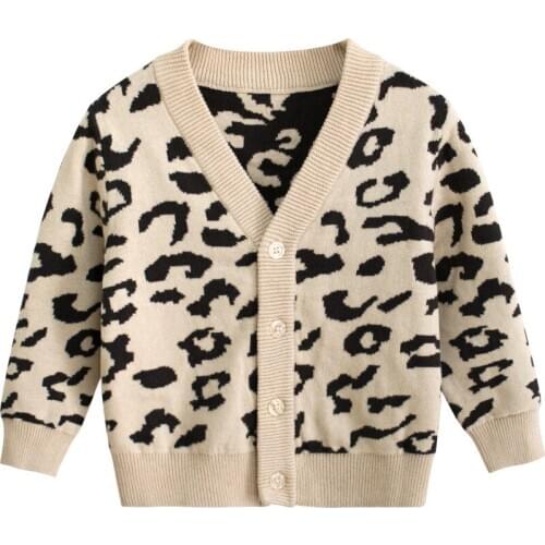 1-9Y Baby Autumn Winter Clothing Baby Girls Warm Sweaters Coats Leopard Long Sleeve Single Breasted V Neck Causal Outfits