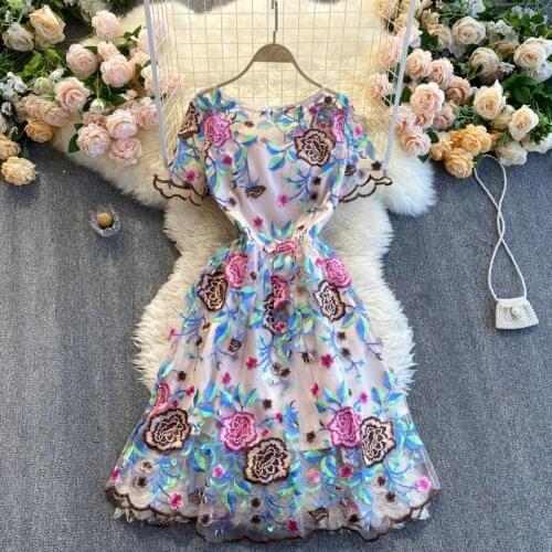 Summer Floral Print Embroidery Tulle Female Dress Sweet Elegant Short Sleeve A-line Mesh Women Dresses 2XL