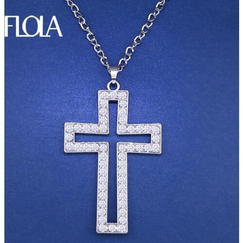 FLOLA Hip hop big cross pendant long chain necklaces pendants with rhinestones for women Trendy Fashion Jewelry nkef14