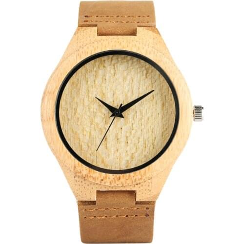 Casual Men Watch Natural Bamboo Round Case Black Analog Dial Sport Quartz Movement Timepiece Genuine Leather Band Clock Gift
