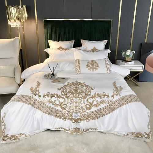 Luxury Europe 60S Satin Washed Silk Gold Embroidery White Bedding Set Duvet Cover Pillowcases Home Textile 100%Cotton Bed Sheet