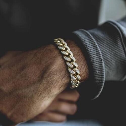 Iced Out Men Luxury Rhinestone Curb Cuban Link Bracelet Gold Sliver Color Hip hop Jewelry Gift Drop shipping