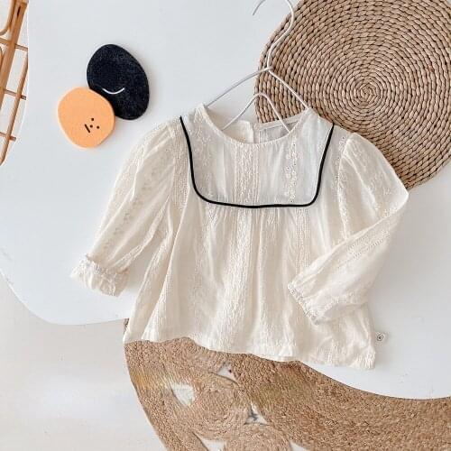 Girls Doll Shirt for Autumn 2021 New Korean Style Baby Girl Western Style Top Fashionable Loose Puff Sleeve Embroidered Shirt