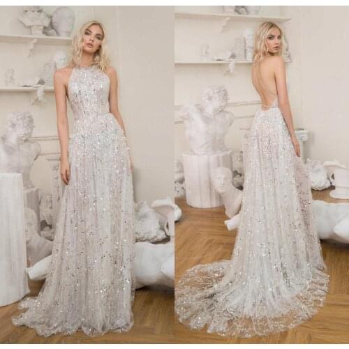 2020 Fashion Wedding Dresses Sleeveless Applique Sequins Lace Bridal Gowns Custom Made Backless Sweep Train A-Line Wedding Dress