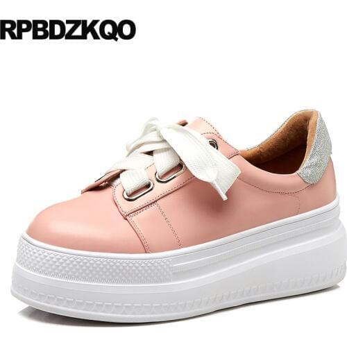 White chinese creepers platform shoes size 35 muffin real leather high quality lace up ladies genuine elevator thick sole pink