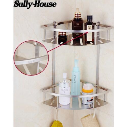 Sully House 304 stainless steel Bathroom Brushed Corner Basket Shelf,Dual Tier Shelves with 2 Robe hook,Shampoo Soap Cosmetic