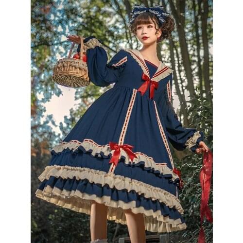 Vintage Blue Red Lolita Op Long Sleeve Dress For Women Spring And Autumn Maid Lolita Fashion Renaissance Kawaii Gothic Clothing