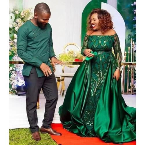 Green Seequin Mermaid Arabic Formal Evening Dresses with Detachable Train Off the Shoulder Celebrity Gown Plus Size Bling Dress