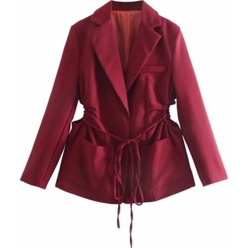 Vintage Elegant Side Ruched Sashes Tie Blazers Women 2021 Fashion Pockets Notched Blazer Coat Female Chic Tops