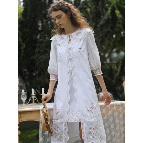 Women Dress Spring Summer Vintage Elegant Slim 100%Linen White Dress French Handmade Embroidery Two Piece Set Midi Shirt Dress