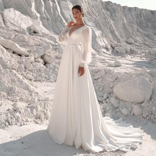 White Puff Sleeves Chiffon Wedding Dresses Boho Custom V Neck Beading A Line Court Train Vestido De Noiva Wedding Dress