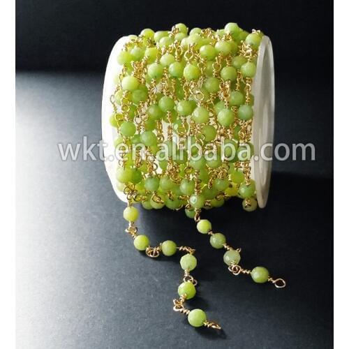 WT-RBC017 Natural Green Stone Beads Chain, 24k Gold Trim Tarnish Resistant Rosary Beads Chain