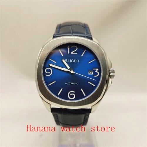 Bliger 40mm Square Automatic Mens Wristwatch Blue Dial Miyota 8215 Sapphire glass Date window polished leather strap mes watch