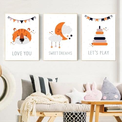 Childish Cartoon Cake Wall Art Canvas Painting Nordic Orange Tones Tiger Star Cloud Nursery Posters for Baby Bedroom Decor