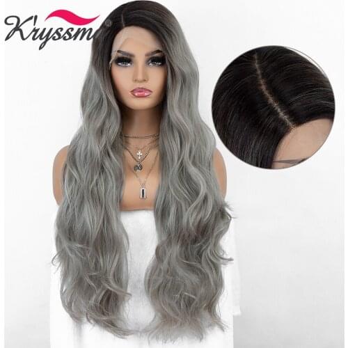 Kryssma Long Wavy Synthetic Wigs For Ombre Grey Lace Front Wig Women Gray Cosplay Wigs With Black Roots Heat Resistant Fiber