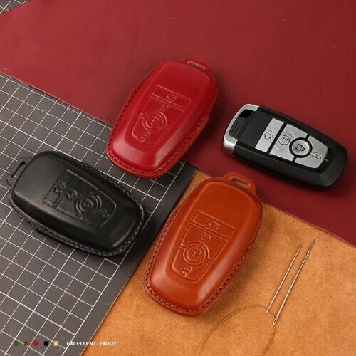 Leather Car Key Case Cover for Ford Mustang 2018 EcoSport 3 4 Buttons Smart Remote Fobs Shell Cover Keys Bag Auto Keychain