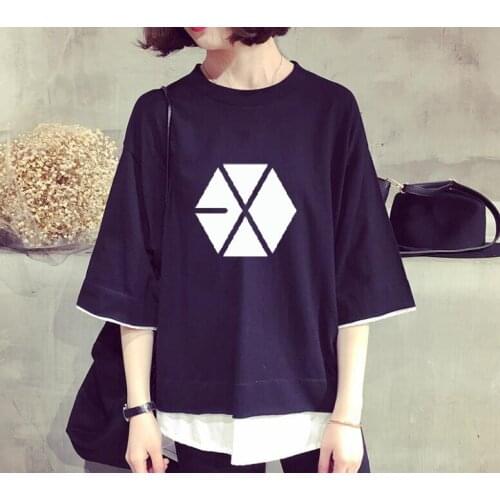 Kpop EXO 2021 new loose Tshirt men KoreaN TWICE Summer cotton Harajuku Fake two pieces Short sleeve t shirt WANNA ONE Women tops