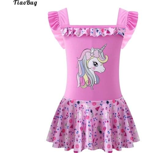 TiaoBug Summer Kids Girls One-Piece Ruffle Trim Cartoon Fruits Print Dress Bodysuit With Hat Swimming Bathing Pool Rashguard