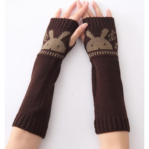 Winter Women Warm Cute cartoon rabbit Sleeves Mittens Female Acrylic Stretch Knit Half Finger Fingerless Arm Warmers Gloves C80