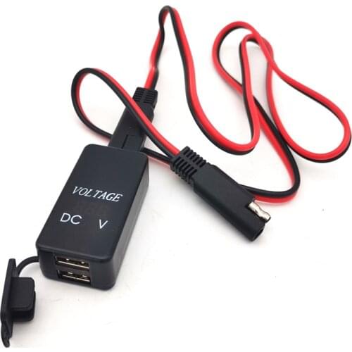 Motorcycle SAE to USB Cable Adaptor Dual USB Port Cell Phone Charger & Voltmeter