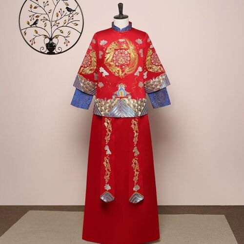Chinese Style Marriage Set Exquisite Bridegroom Costume Toast Clothing Wedding Clothing Dragon Phoenix Embroidery Cheongsam