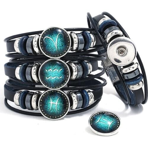 NEW Fashion 12 Constellations Leather Zodiac Sign with beads punk Bangle Bracelets For Men Boys Jewelry Travel Accessories Gifts