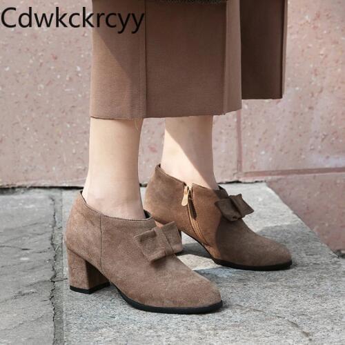 Winter The New fashion Pointed Suede Thick with 6CM Martin boots black Bow Plus velvet Keep warm High heel Women boots size34-48