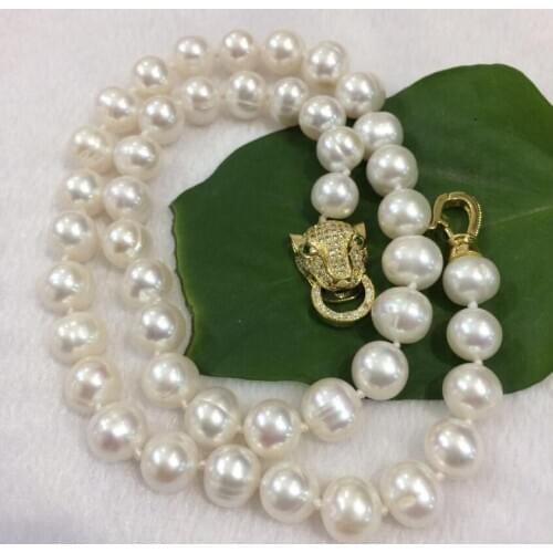 NEW Freshwater pearl white pearl 9-10MM necklace 18 " leopard clasp