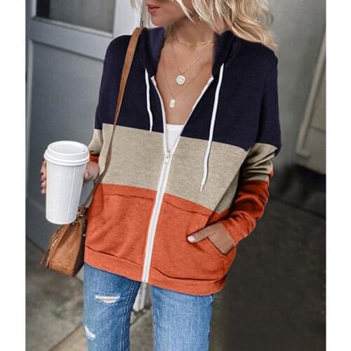 Autumn Women Sweatshirts Outwear Casual Striped Patchwork Hoodies Fashion Winter Oversized Pocket Hooded Sweatshirt Coat