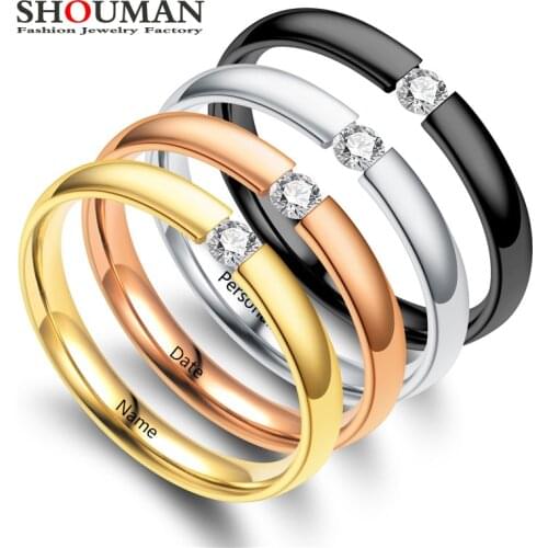 SHOUMAN 3mm Stainless Steel CZ Stone Crystal Simple Ring for Women Girl Custom Engrave Name Charm Jewelry