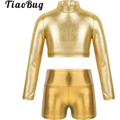 TiaoBug Kids Long Sleeves Glossy Metallic Crop Top and Girls Ballet Gymnastics Shorts Set Dance Wear Stage Performance Costume