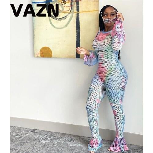 VAZN 2020 New Unusual See Through Network Open Sexy Club Jumpsuits Young Style Full Sleeve High Waist Joker Pencil Jumpsuits
