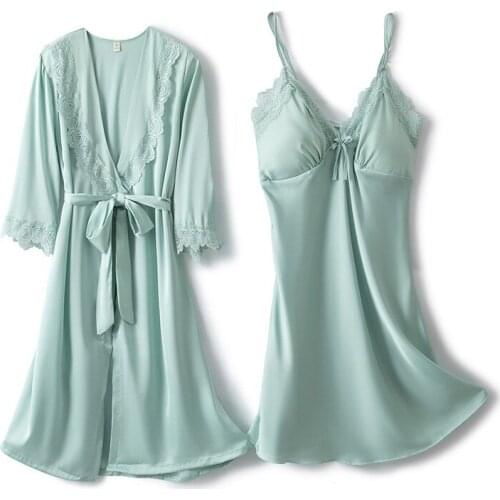 Spring Summer New Female Kimono Robe Gown Suit Sexy V-Neck Bow Trim Nightgown Casual Rayon Sleepwear Sweet Flower Lace Bathrobe