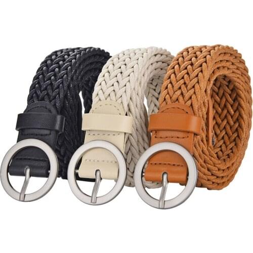 Vintage Boho Braided Waist Belt Summer Female Belt Round Metal Smooth Buckle Fake Straw Waistband Women