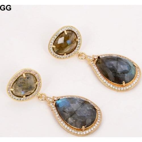 GuaiGuai Jewelry Natural Labradorites Shimmer Real Stone Stud Earrings CZ Fitting For Women