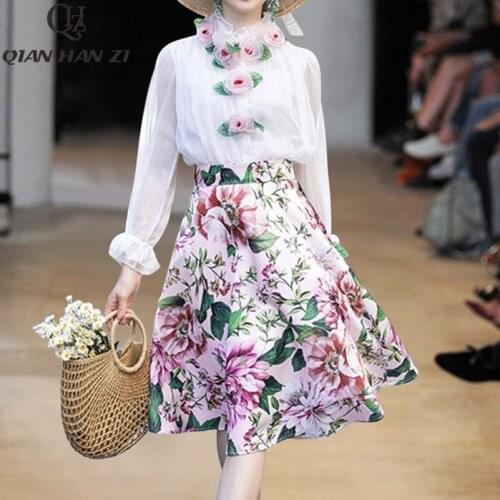Qian Han Zi Fashion Elegant 2-piece Set Womens Long Sleeve Floral Applique White Shirt and Floral Print Slim Skirt Suit set