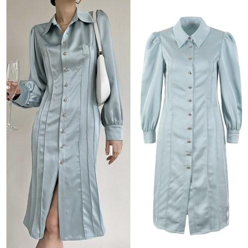 2021 Autumn Winter Satin Dresses Women Midi Shirt Dress Long Sleeve Solid Elegant Office Lady Robes Vestidos Korean Style ins