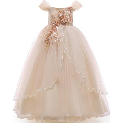 Champagne Girl Long Formal Quality Dresses Big Bow Flower Girl Dresses Gold Applique Girls Pageant Dress First Communion Dresses