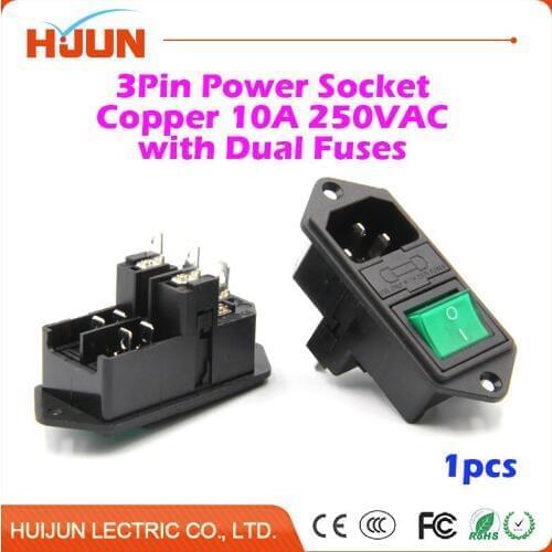 1Pcs High Quality 3 Pin Safe Male Power Socket Dual Fuses Copper Green Switch Inlet Connector Plug 10A 250VAC Computer Apparatus