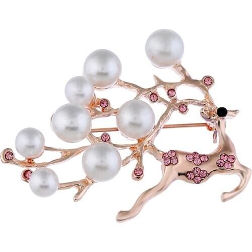 10 pieces/lot free shipping Unique Cute Rhinestone Pearl Reindeer Animal Brooch Pin