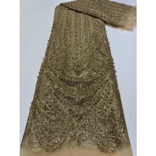 2020 Top Quality African Lace Fabric with Beads Heavy Embroidery French Tulle Lace Fabric Sequins For Wedding Party Dress