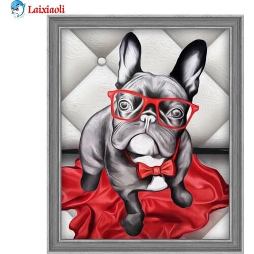 DIY Diamond Painting Abstract art, bulldog with glasses Rhinestones Diamond Mosaic Full Drill Square Embroidery Handmade Hobby