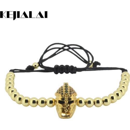 Anil Arjandas Men Bracelet 24k Roman Spartan Warrior Helmet Charm Micro Pave CZ& 5mm Beads Braided Macrame Bracelet